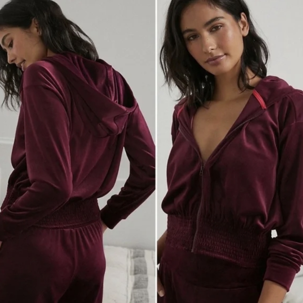 Anthropologie Saturday Sunday Catie Cropped Velvet Zip hooded Jacket Large Wine